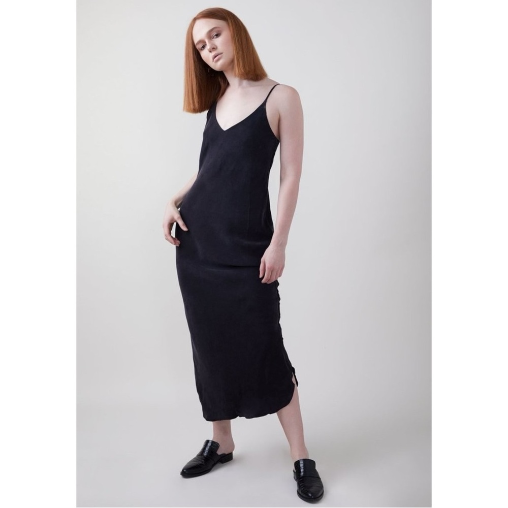 OZMA of California Long Cupro Slip Dress - Black Sleeveless V-Neck Midi Dress - Picture 12 of 13